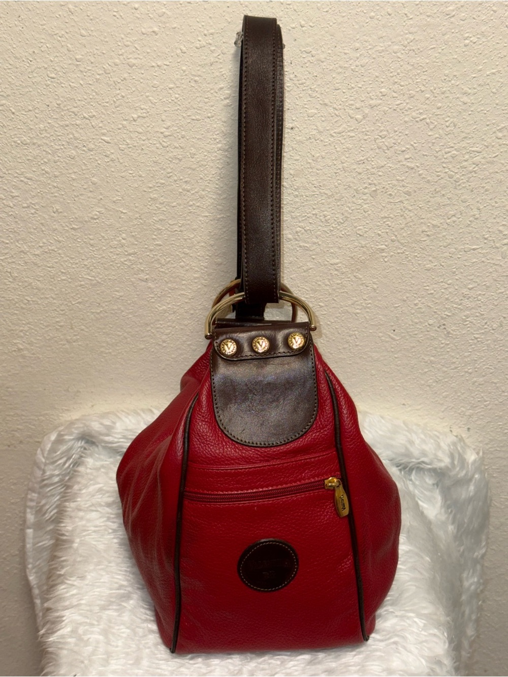 Valentina Red Leather Shoulder Bag with Dark Brown Strap